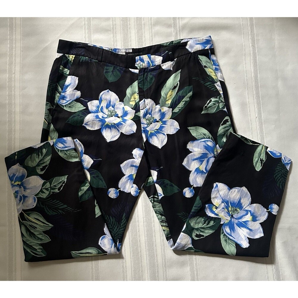 Banana Republic Avery FitLinen Blend Floral Print Ankle Pants Black Blue Size 10 - Picture 2 of 16